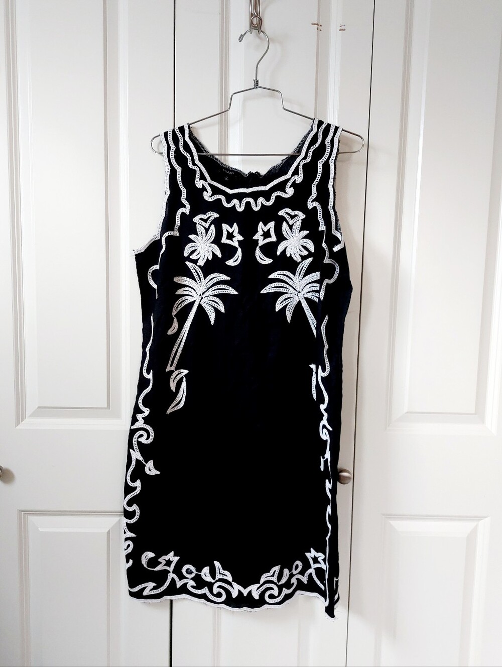 Black & White Palm Tree Sleeveless Linen Blend Shift Mini Dress Talbots 10 (Maje